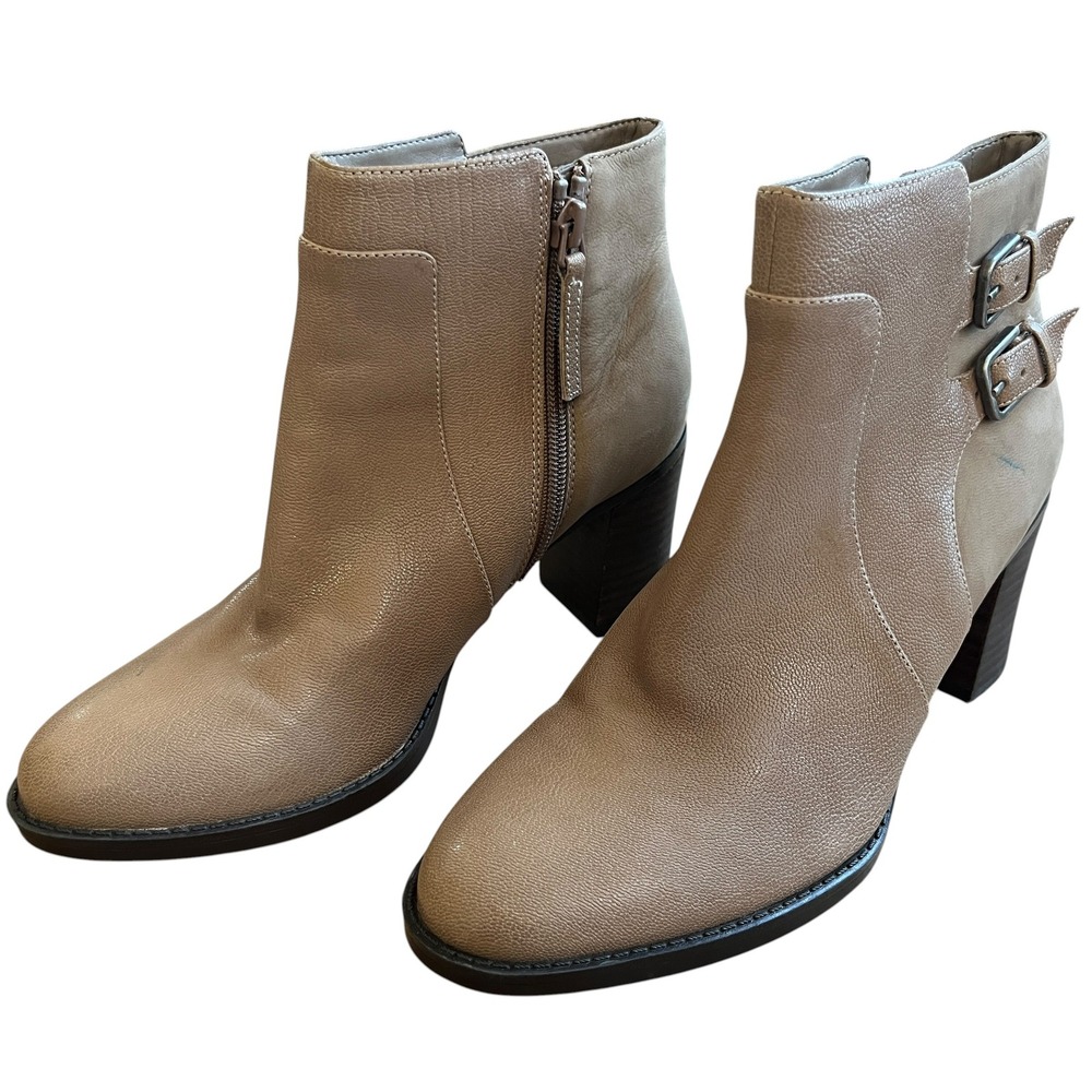 Naturalizer Falza Taupe Leather Ankle Boots Double Buckle Block Heel Womens 6.5M